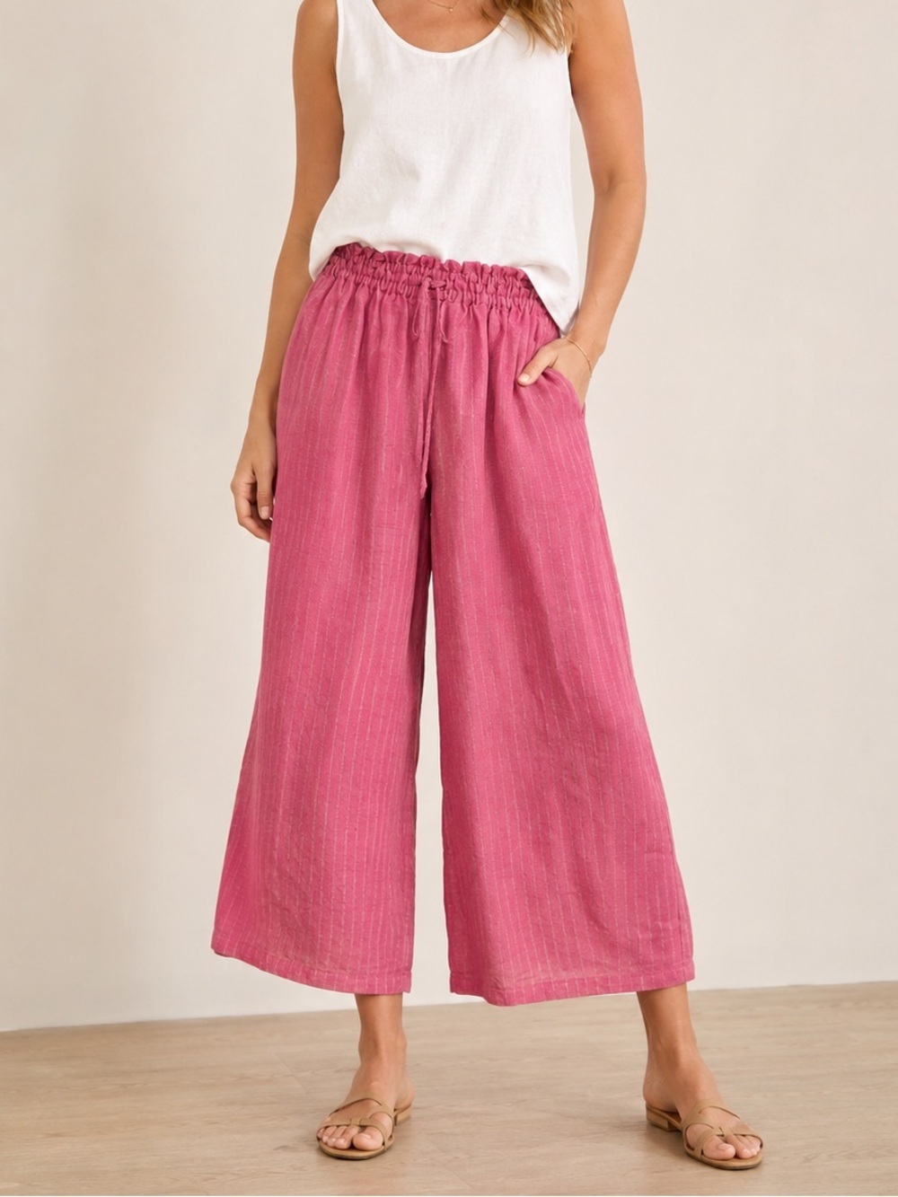 Anokhi | Wide Leg Ankle Cropped Culotte Pants in Red/Pink Linen Silk Size Small